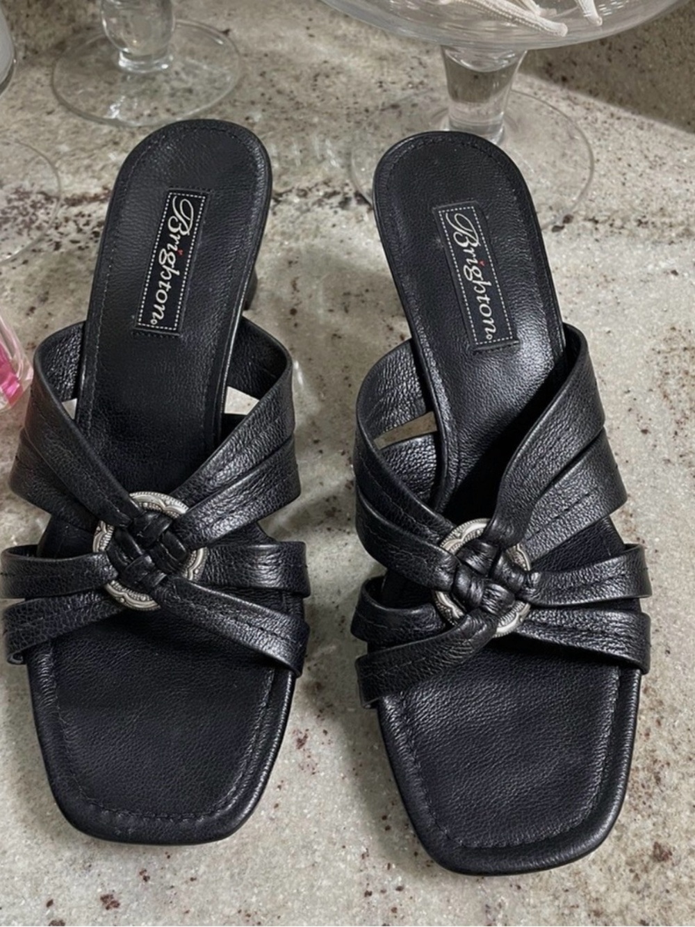 Black Leather Knot Slide Sandals